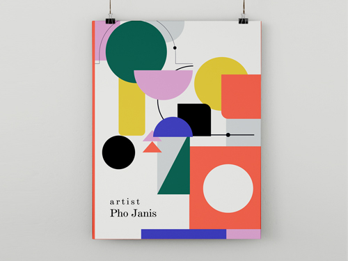 Colorful geometric art paper poster with shapes in green, pink, yellow, blue, and black.