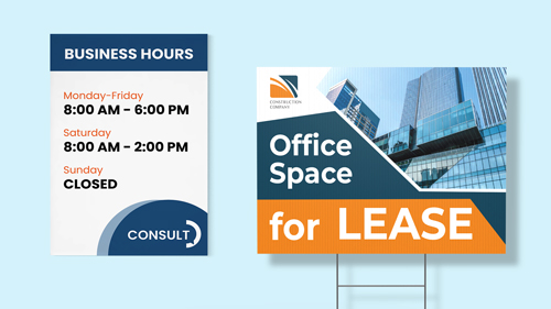 Business hours plastic sign for office space lease, displaying availability.