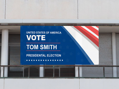 Patriotic blue campaign mesh banner for presidential election with American flag design.