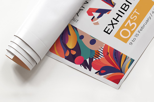 A close-up of a colorful pop up banner material with vibrant printing.