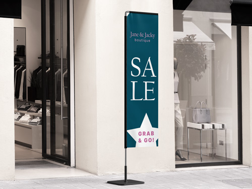 Boutique sale rectangle flag with Sale, Grab and Go text.
