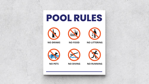 Pool Rules plastic sign with prohibition marks on various activities.