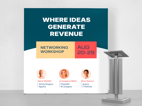 A professional pop up display featuring speaker headshots and event dates.