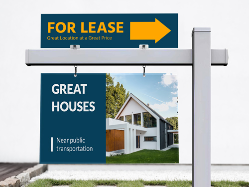 For lease directional real estate sign with home image and location benefits