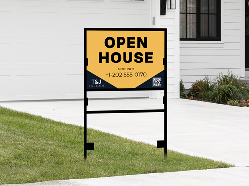 Open house H-frame sign with phone number and T&J Real Estate logo