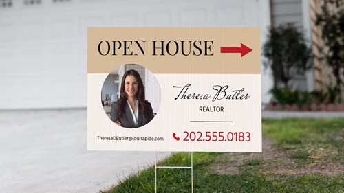 Open House sign for Theresa Butter, Realtor, featuring her headshot and contact details.