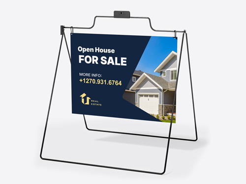 A-frame real estate sign featuring open house for sale and home picture