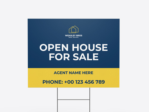 Open house for sale real estate yard sign with agent contact info