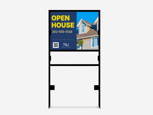 H-frame open house sign with real estate contact details and home image