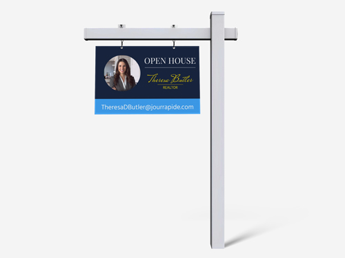 Real estate sign post with open house message and realtor contact information