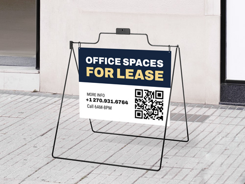 Office spaces for lease A-frame sign with contact info and QR code