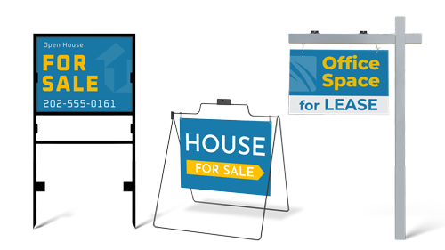 Assorted real estate signs including open house, for sale, and office space for lease