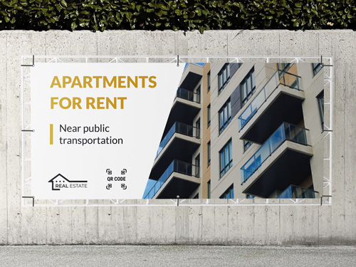 Real estate vinyl banner with Apartments for Rent, logo, QR code, and building image.