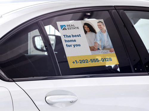 Car window decal with The Best Home For You real estate branding and contact info.