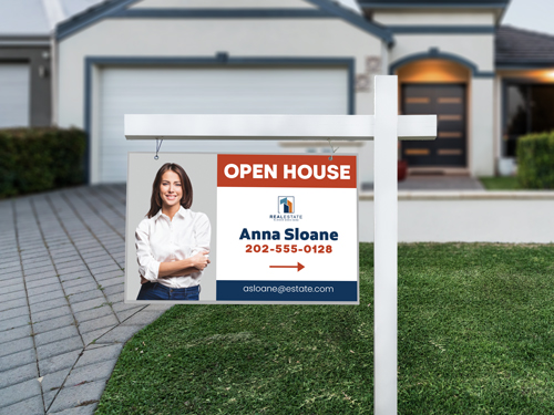 Open House sign post with real estate agent Anna Sloane’s headshot.