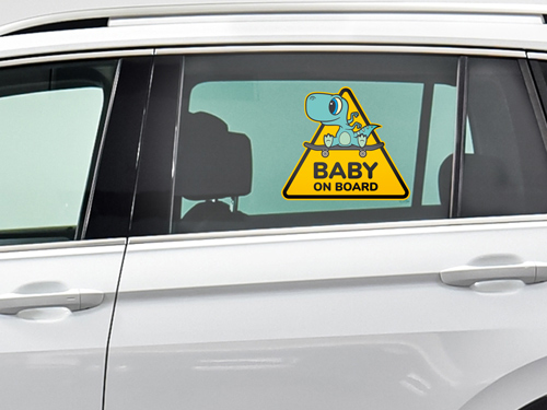 Reflective car decal with the safety message Baby On Board for side window display.