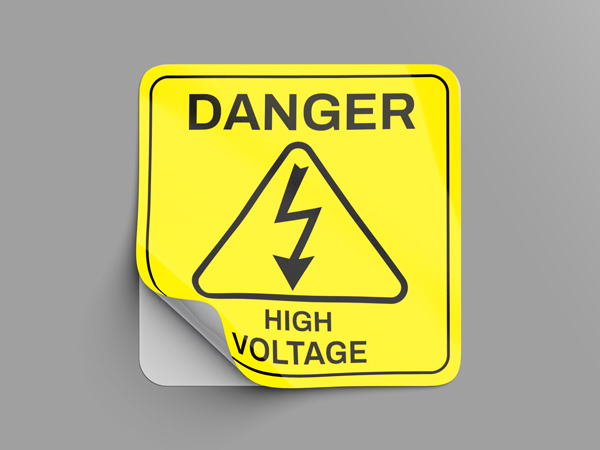 Yellow reflective decal with Danger High Voltage warning and corresponding icon.