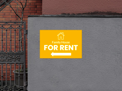 Yellow Family House For Rent reflective decal with arrow and house icon.