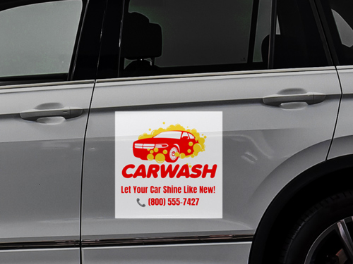 Carwash reflective decal with a red car, bubbles, and phone number.
