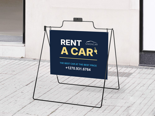 Blue A-frame sign with Rent a Car text, contact details, and rental service information.