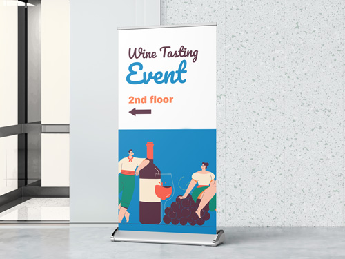 A retractable banner with white and blue graphics highlighting a wine tasting event.