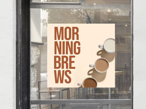 A coffee shop window with Morning Brews text and coffee cup graphics