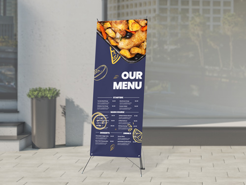 Appetizing food imagery on an X-stand banner showcasing the café's menu selections.