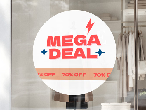 Circular window decal displaying Mega Deal in red text with percentage discounts