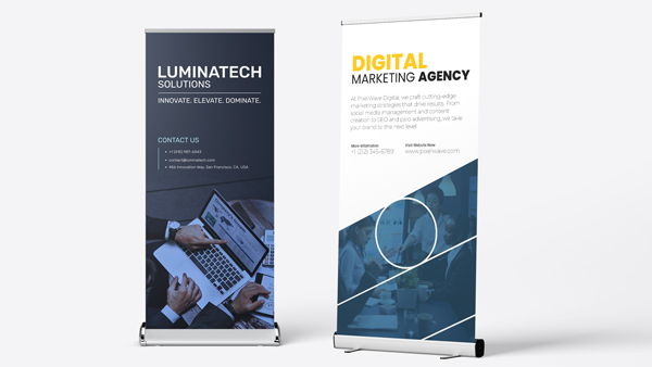 Two retractable banners in different styles placed side by side.