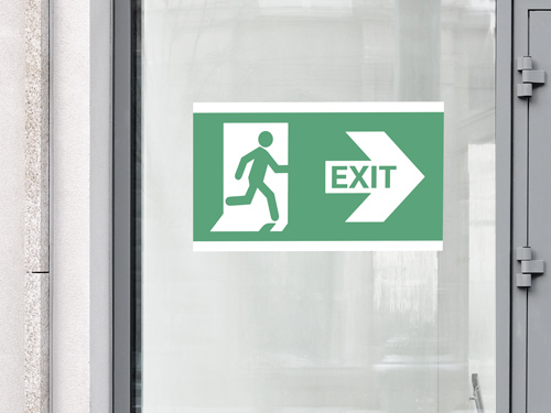  Safety window decal showing green emergency exit sign with running figure and arrow