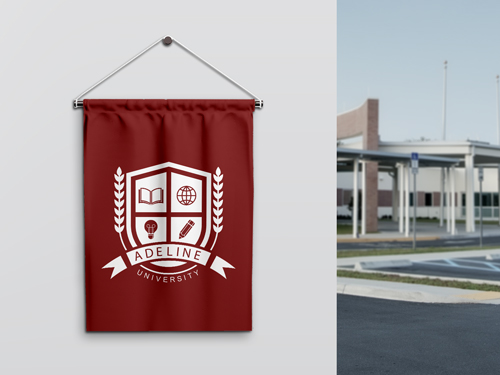 Red pole flag featuring the university's name and logo.