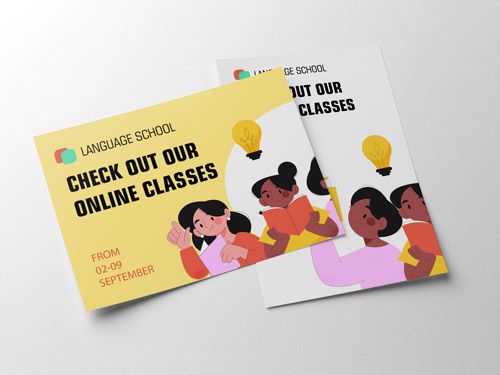 School and university paper poster advertising online classes with cartoon illustrations.