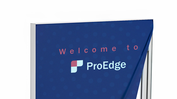 Dark blue welcome SEG fabric display with company's name.