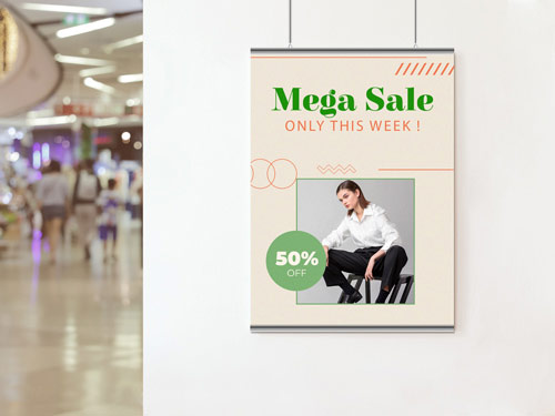 Promotional snap hanging ceiling poster reading Mega Sale Only This Week.