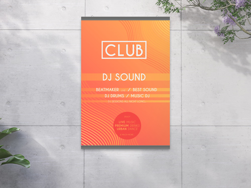 Vibrant orange snap hanging poster with bold Club and DJ Sound text.