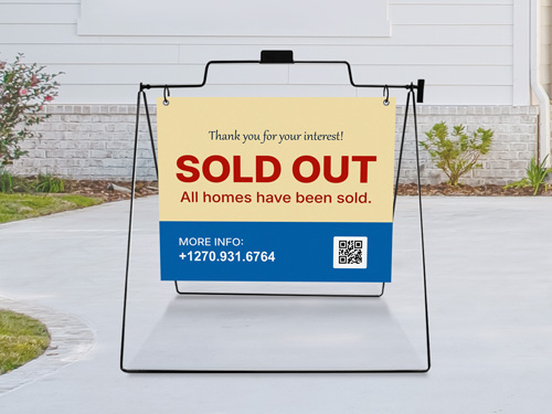 Sold Out A-frame sign featuring a QR code and contact details for more information.