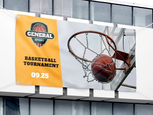 Basketball hoop vinyl banner with event date and logo, perfect for sports tournaments.