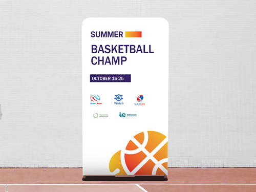Tension fabric stand for basketball event featuring dynamic sports-themed graphics.
