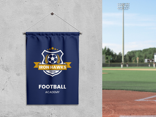 Dark blue pole flag featuring the Iron Hawks Football Academy logo.