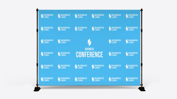 Blue Business Conference step and repeat banner.