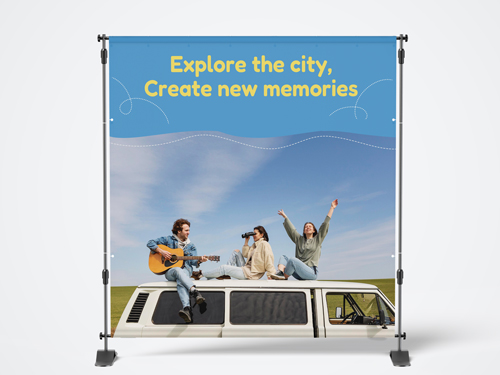 Lively step and repeat standing banner featuring travelers