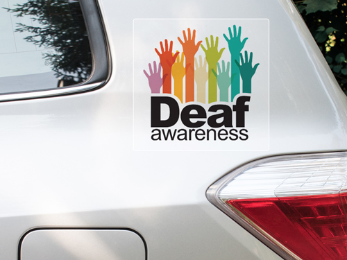 Car decal for Deaf Awareness with colorful raised hands promoting support and awareness.