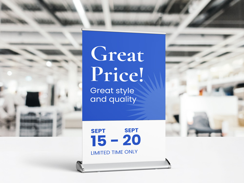 Blue tabletop retractable banner displaying a limited-time offer.