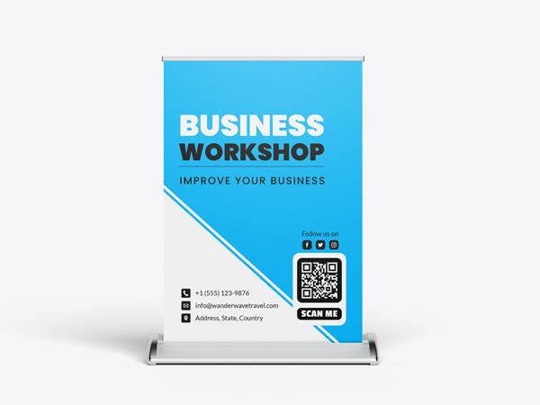 Tabletop banner for Business Workshop with contact details and a QR code for scanning.