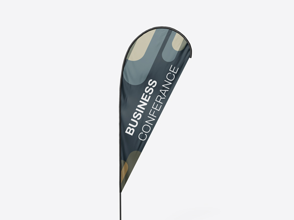 Teardrop banner flag with Business Conference text in white letters.