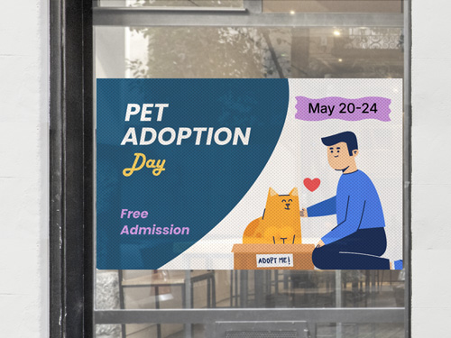 Pet adoption event perforated window decal showing dates with a cartoon cat and a man.