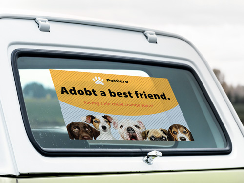 Truck decal with Adopt a Best Friend text, pet image, for temporary events.
