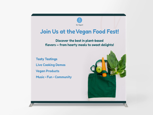 Green tension fabric backdrop standing banner with vegan-related elements