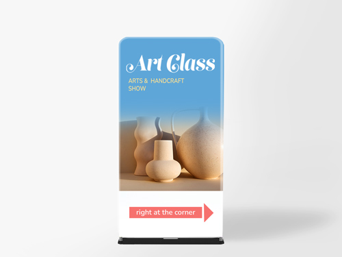 Nice tension fabric standing banner with ceramic vases and an invitation to the Art Class
