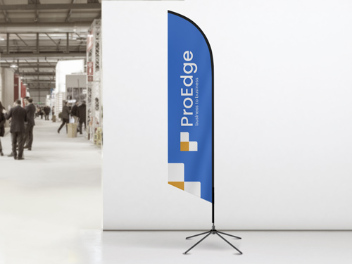 Blue feather flag for trade shows and expos featuring the brand name.